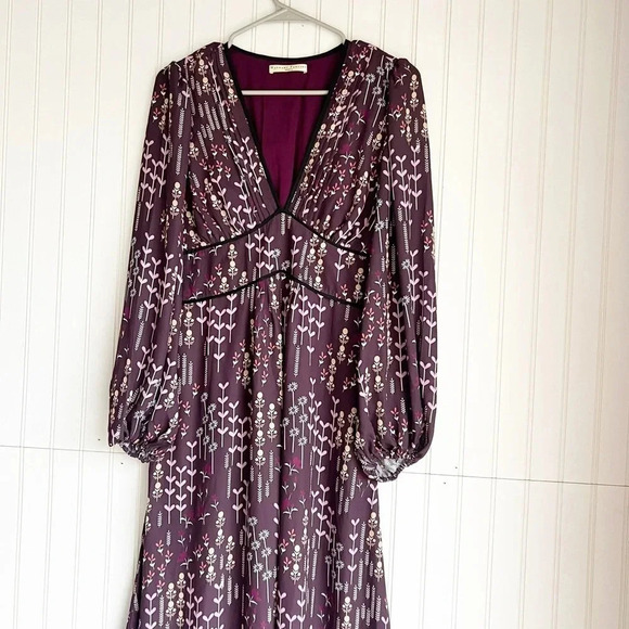 WAYWARD FANCIES eShakti Size 4 Burgundy Plum V- Neck Floral Midi Dress - Picture 2 of 6